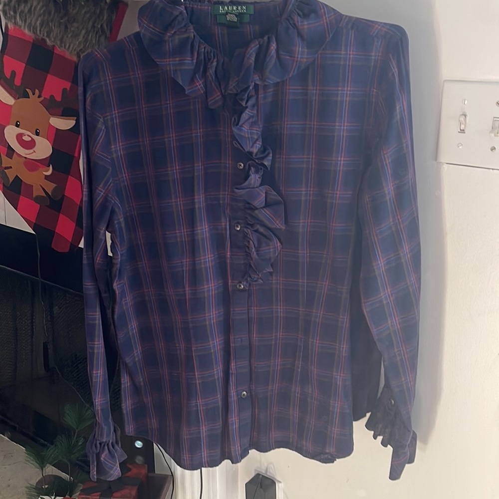 Ralph Lauren Exclusive plaid button down ruffle blouse